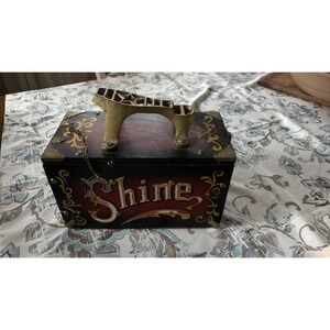 Vintage Shine Wooden Shoe Shine Box Gold Brass Shoes  Patina colorful box wow